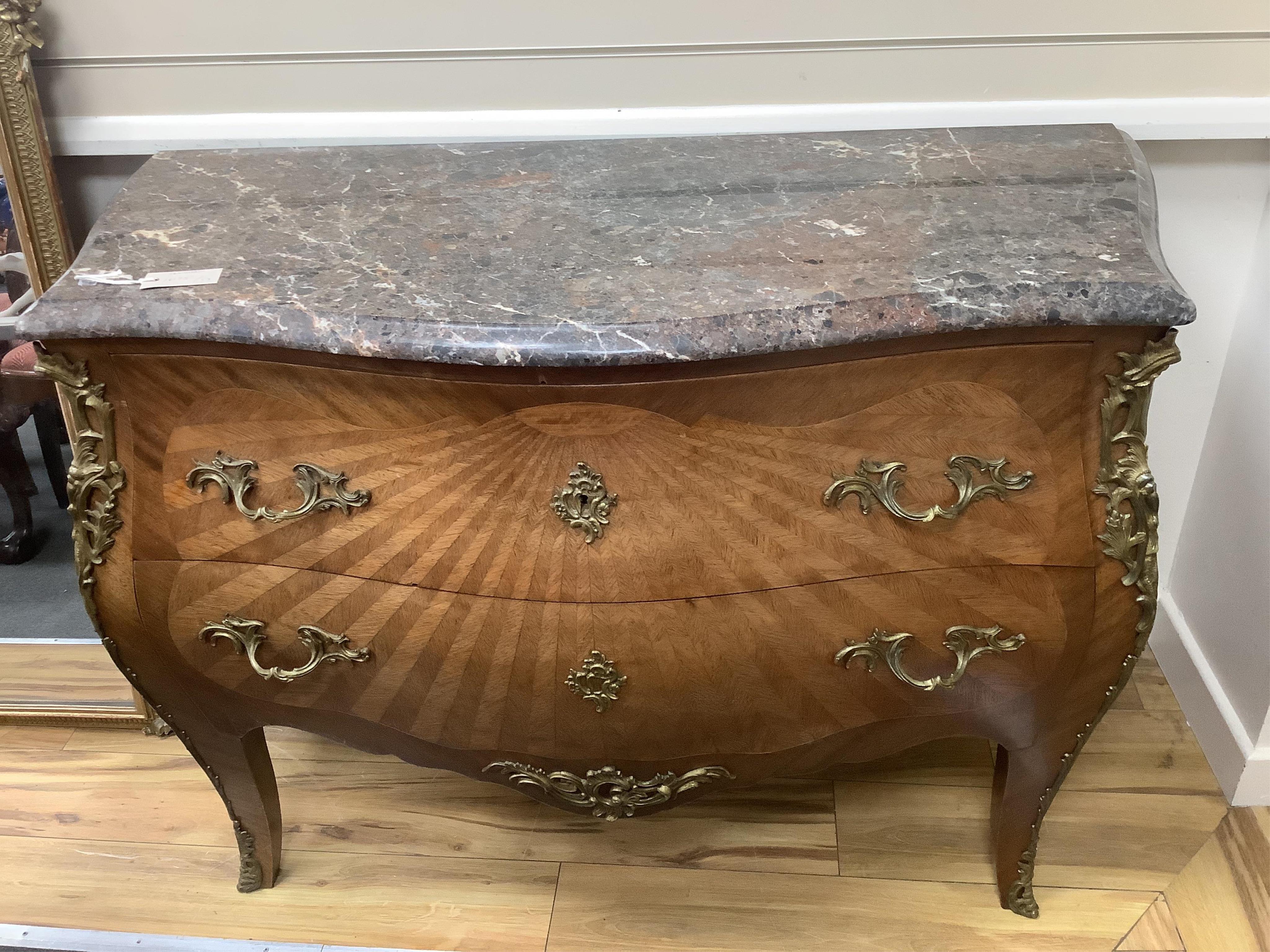 A French marble topped Louis XV style marquetry commode, width 119cm, depth 52cm, height 86cm. Condition - fair to good